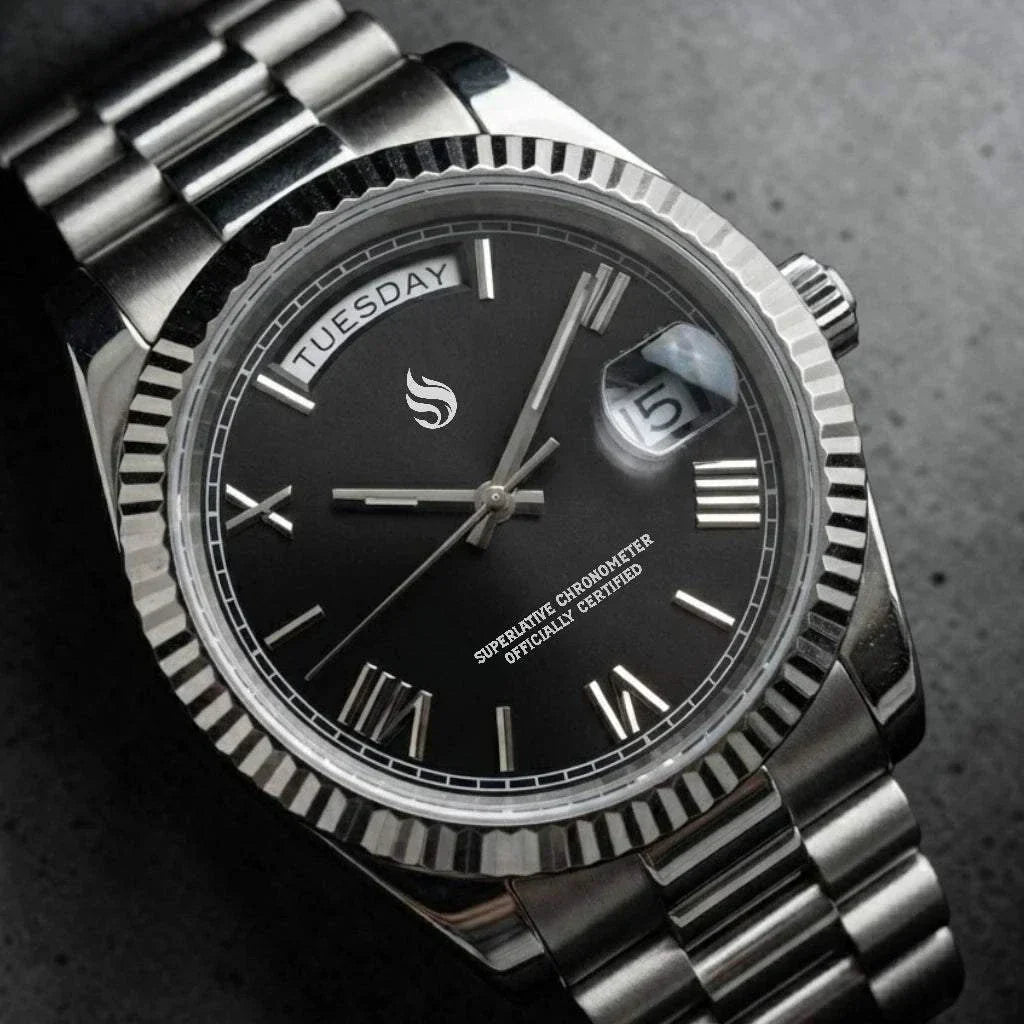 Modded Seiko Watches DayDate Black  Roman Numerals Dial with Silver Fluted Watch case built by Modtime Creations