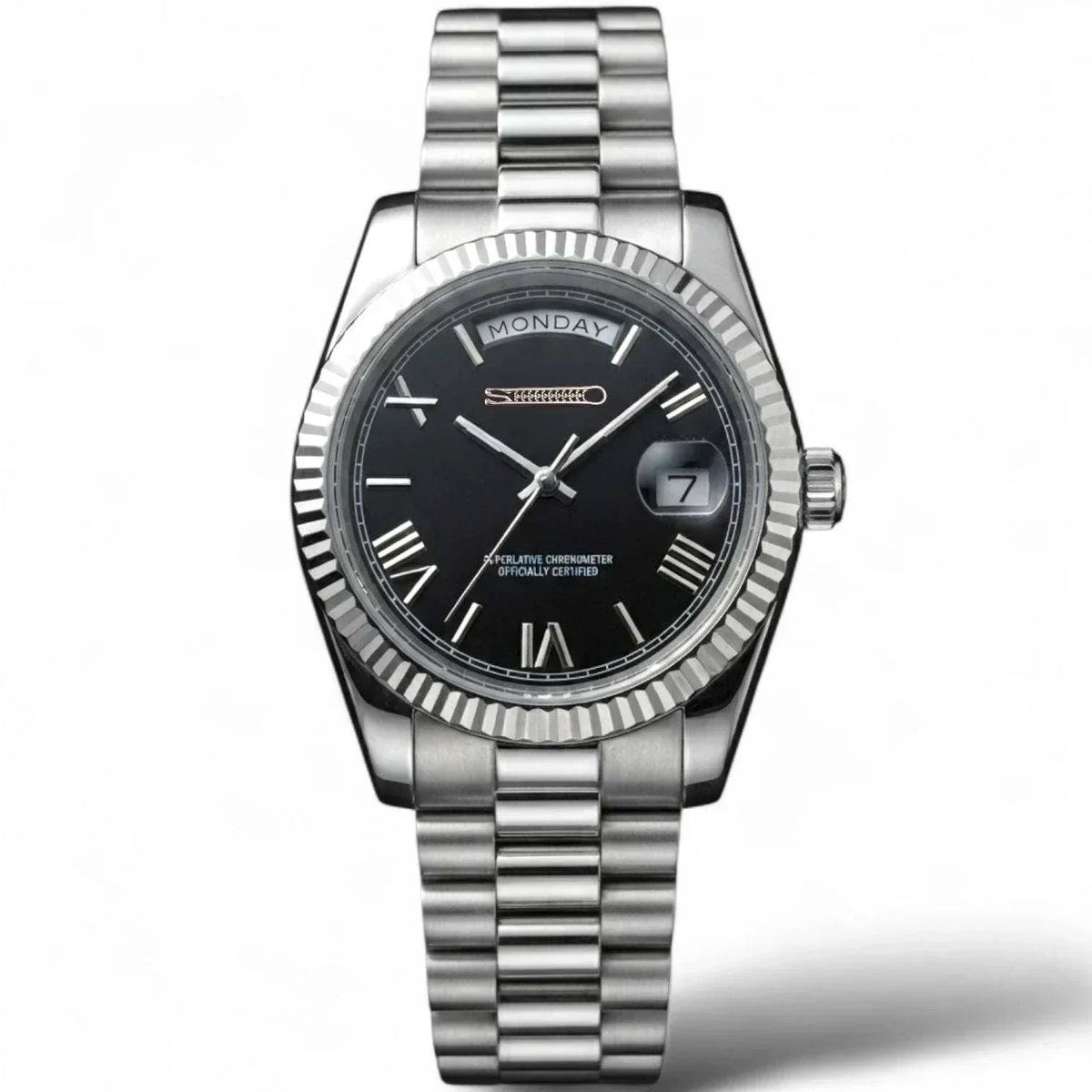 Modded Seiko Watches DayDate Black  Roman Numerals Dial with Silver Fluted Watch case built by Modtime Creations