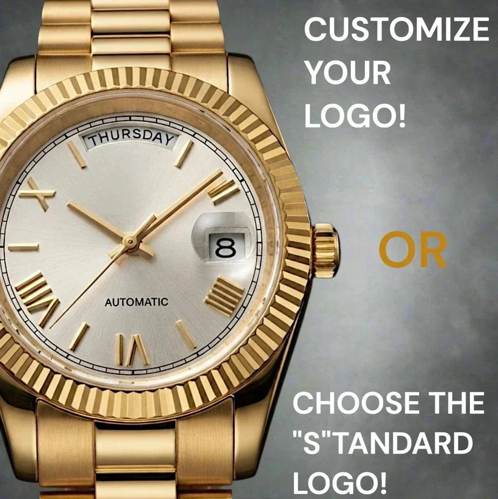 Modded Seiko watch Gold with white Roman numerals dial and daydate display by Modtime Creations
