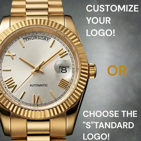 Modded Seiko watch Gold with white Roman numerals dial and daydate display by Modtime Creations