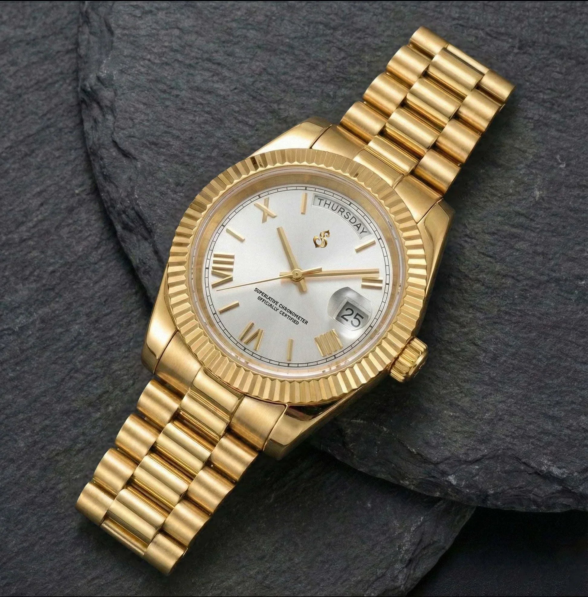 Modded Seiko watch with white Roman numeral dial and gold case by Modtime