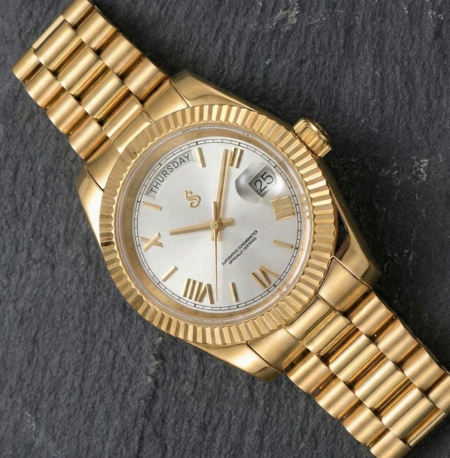 Modded Seiko watch with white Roman numeral dial and gold case by Modtime Creations