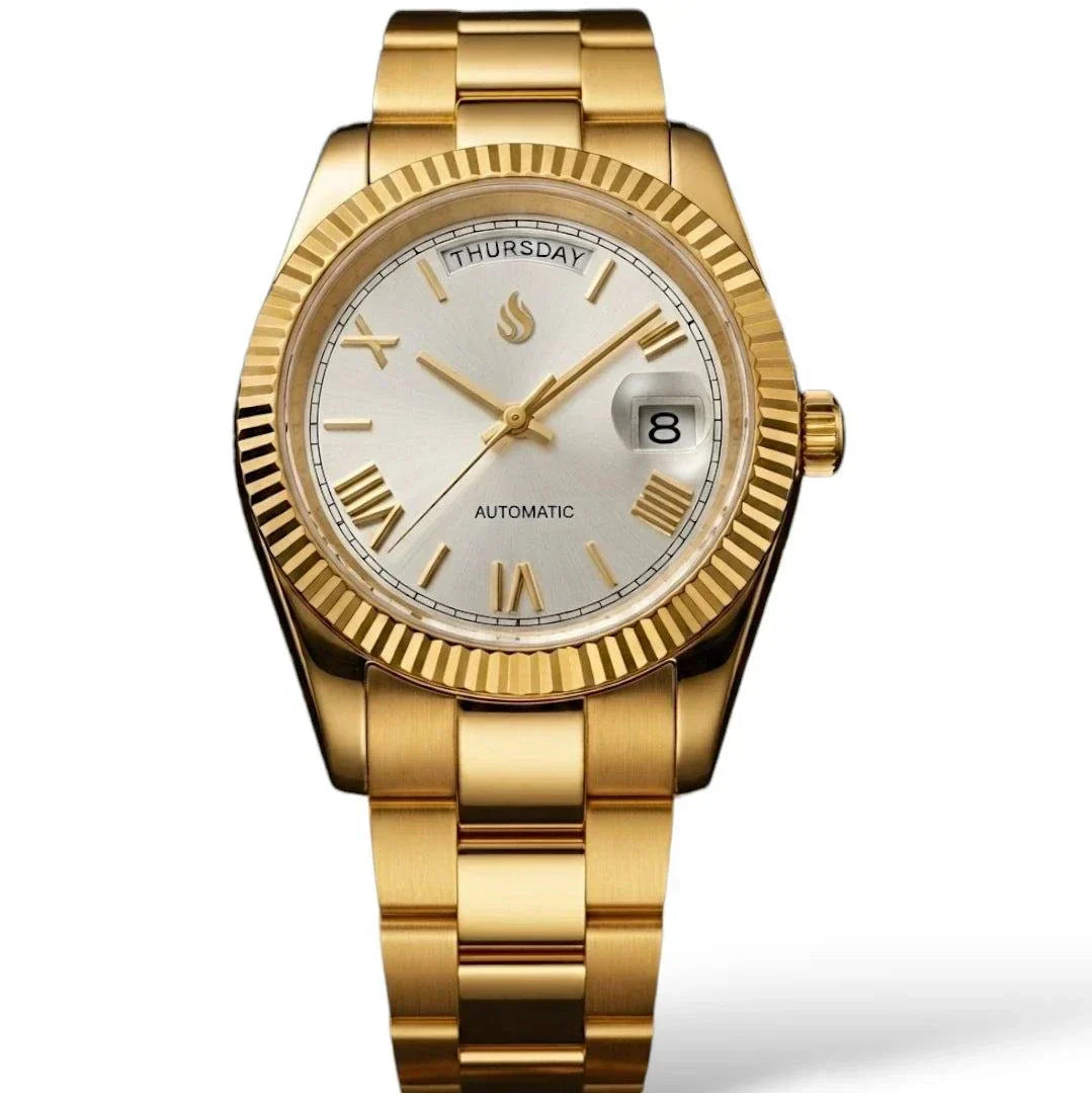 Modded Seiko watch Gold with white Roman numerals dial and daydate display by Modtime Creations