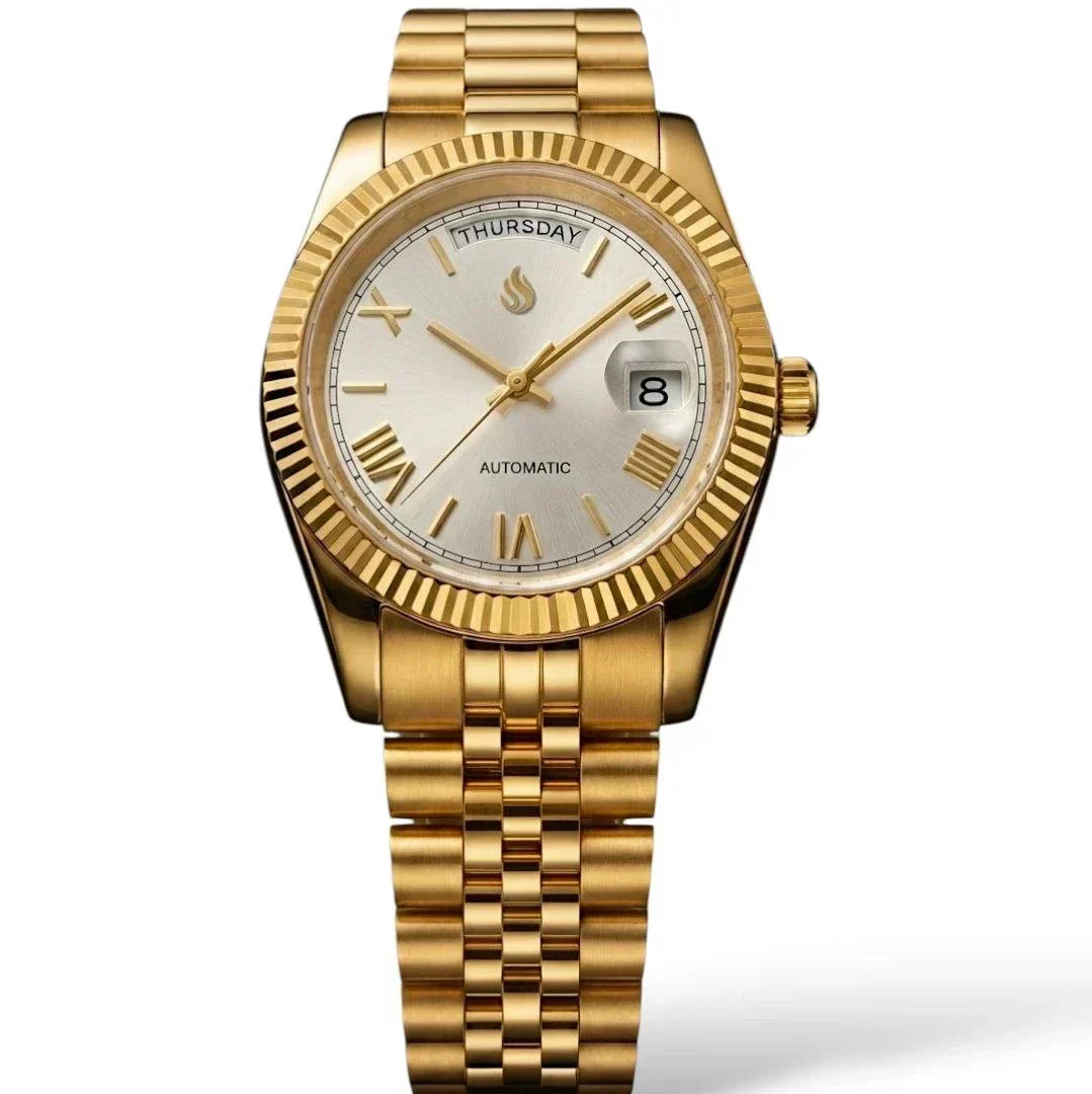 Modded Seiko watch Gold with white Roman numerals dial and daydate display by Modtime Creations