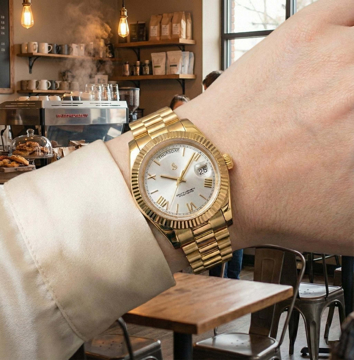 Modded Seiko luxury watch with white Roman numerals and gold accents, featuring day and date display by Modtime Creations