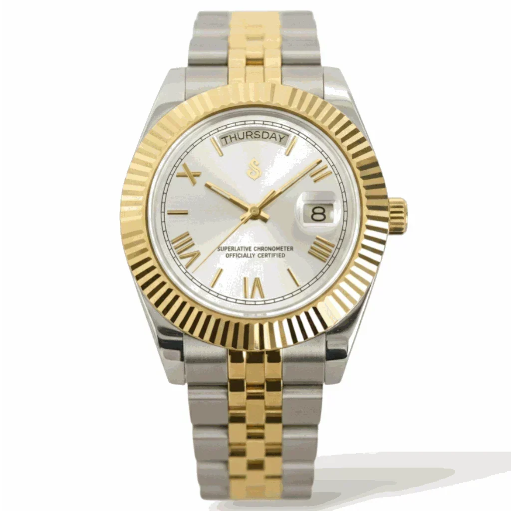 Modded Seiko watch with white Roman numerals daydate mod, two-tone stainless steel case by Modtime Creations