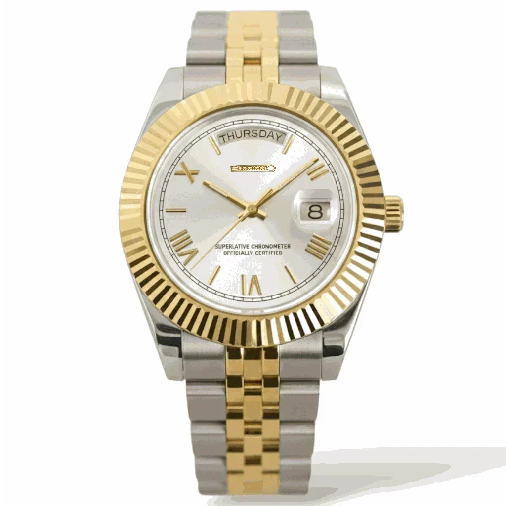 Modded Seiko watch with white Roman numerals daydate mod, two-tone stainless steel case by Modtime Creations