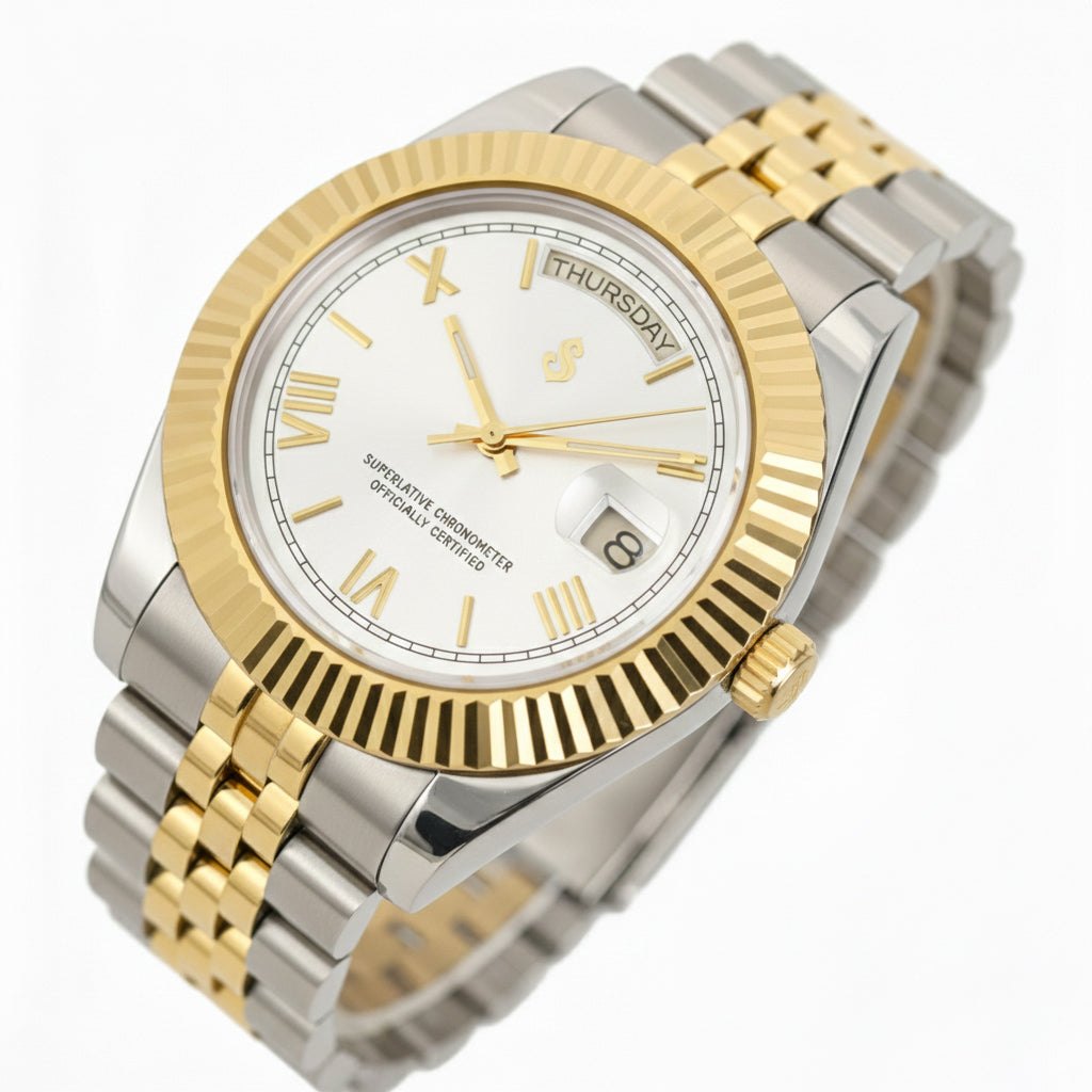 Modded Seiko watch with white Roman numerals daydate mod, two-tone stainless steel case by Modtime Creations