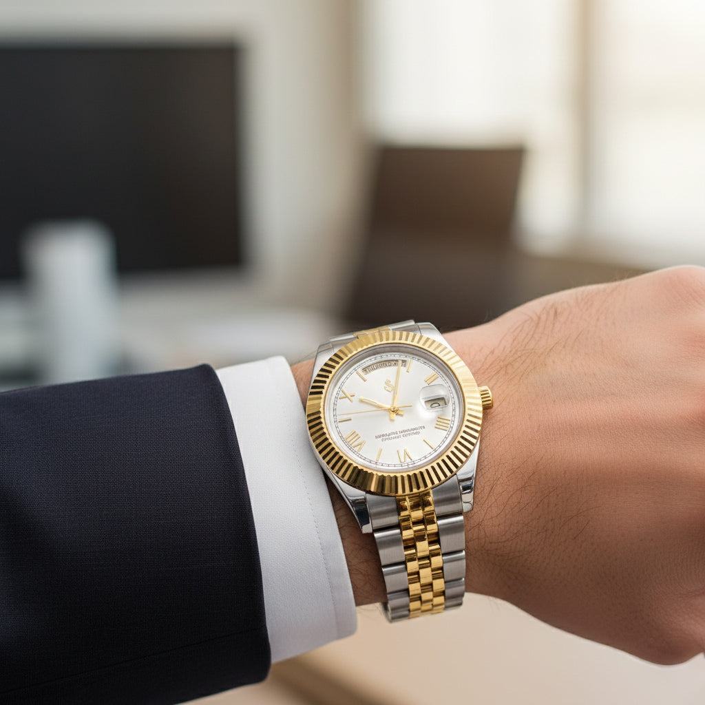 Modded Seiko watch with white Roman numerals daydate mod, two-tone stainless steel case by Modtime Creations