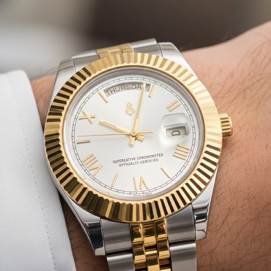 Modded Seiko watch with white Roman numerals daydate mod, two-tone stainless steel case by Modtime Creations
