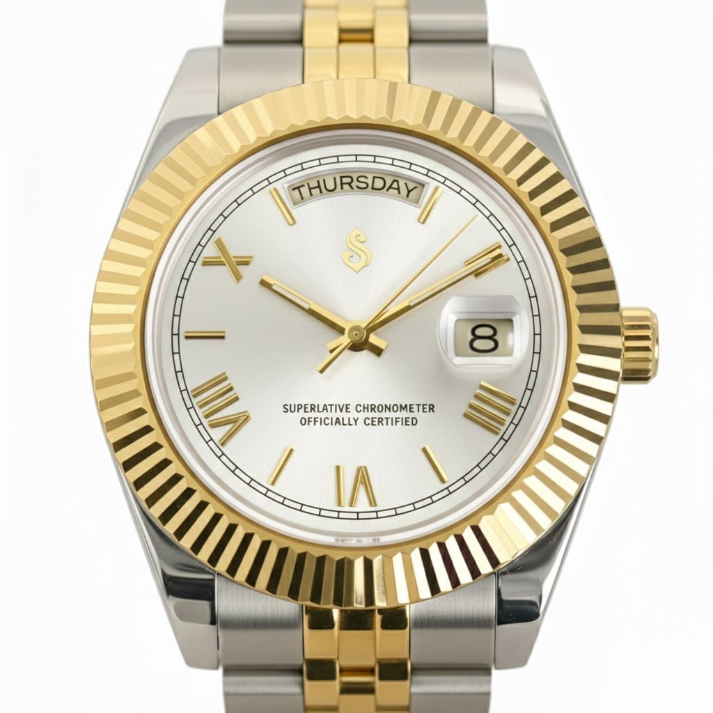 Modded Seiko watch with white Roman numerals daydate mod, two-tone stainless steel case by Modtime Creations