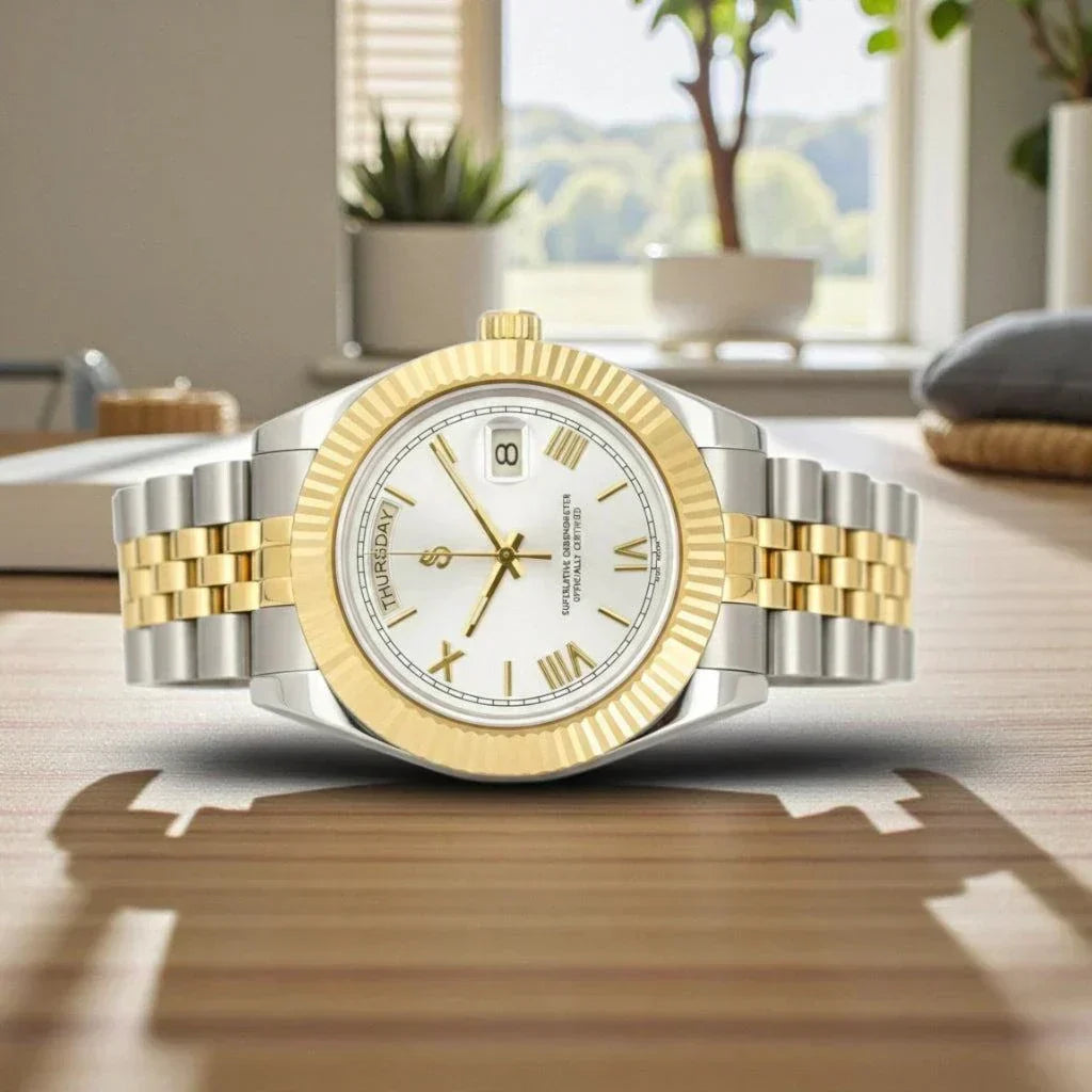 Modded Seiko watch with white Roman numerals daydate mod, two-tone stainless steel case by Modtime Creations