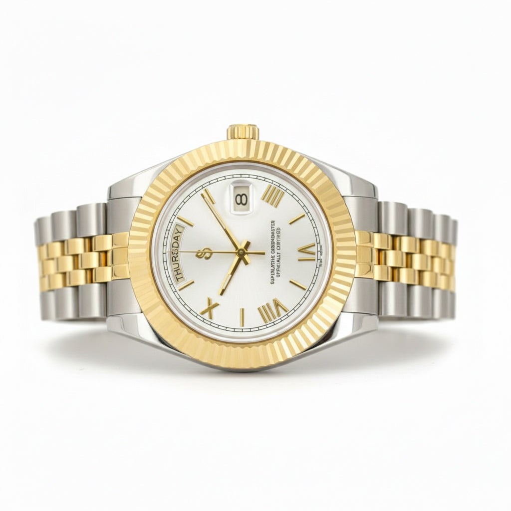 Modded Seiko watch with white Roman numerals daydate mod, two-tone stainless steel case by Modtime Creations