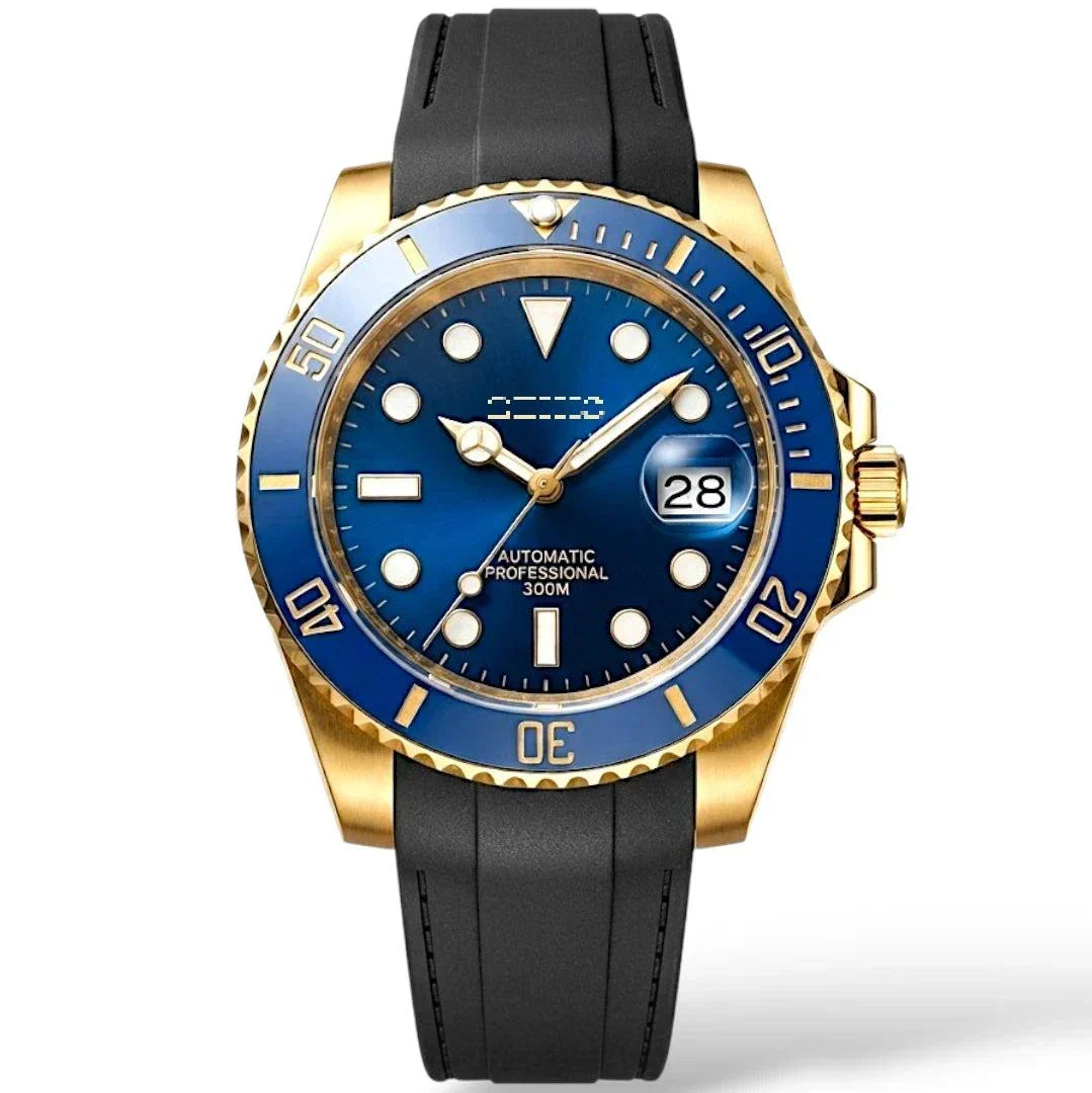 Seiko Submariner Bluesy Gold Series luxury Mod watch with NH35 automatic movement and sapphire crystal by modtime creations