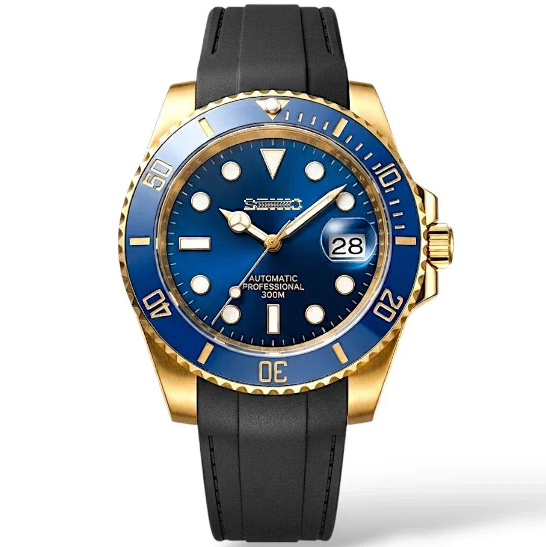 Seiko Submariner Bluesy Gold Series luxury Mod watch with NH35 automatic movement and sapphire crystal by modtime creations