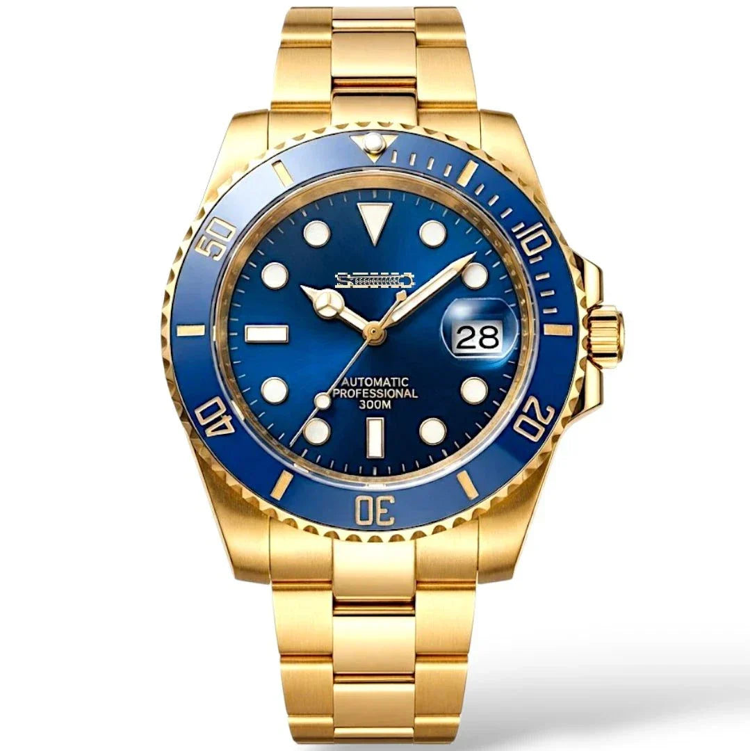 Seiko Submariner Bluesy Gold Series luxury Mod watch with NH35 automatic movement and sapphire crystal by modtime creations