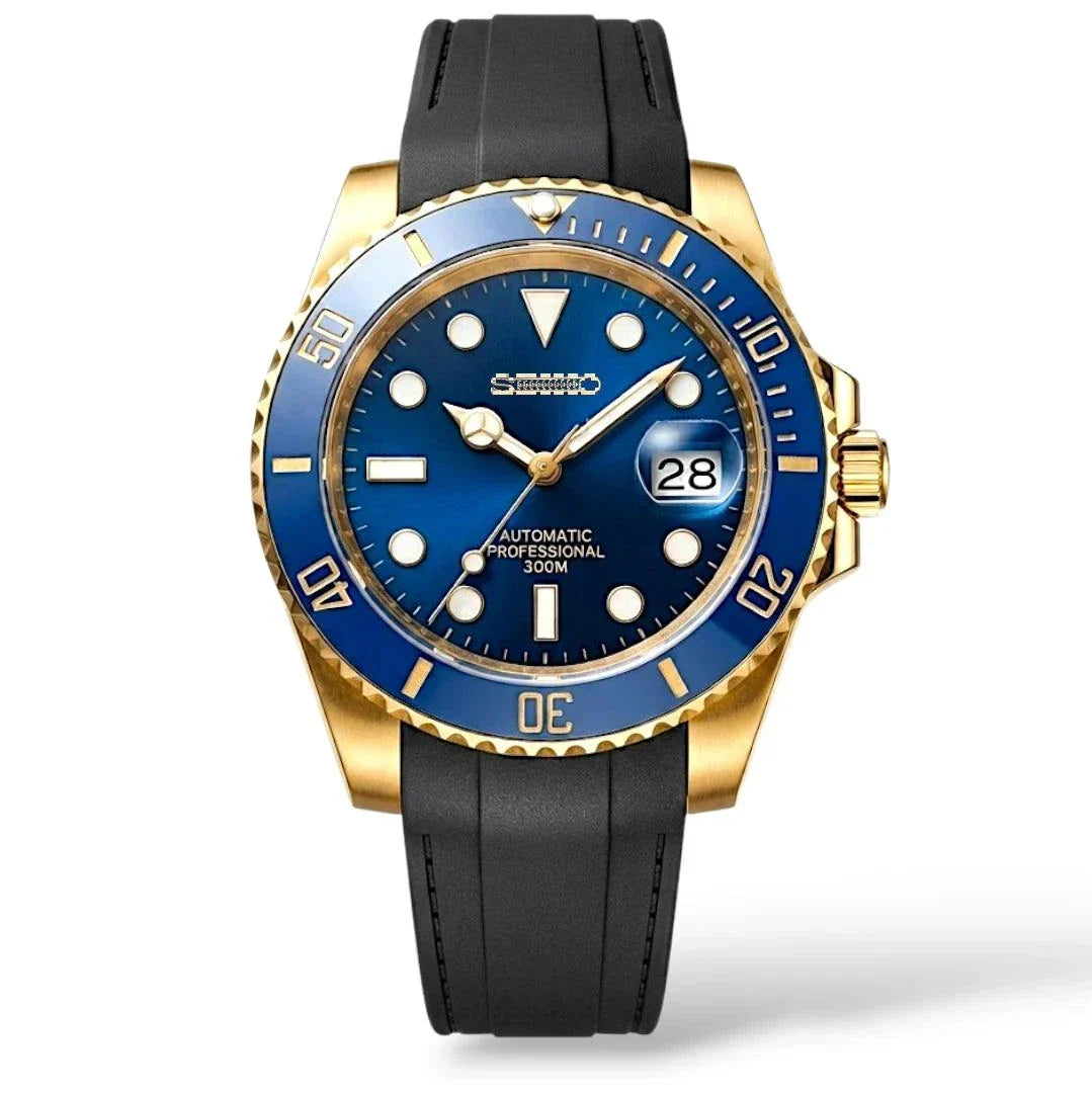 Seiko Submariner Bluesy Gold Series luxury Mod watch with NH35 automatic movement and sapphire crystal by modtime creations