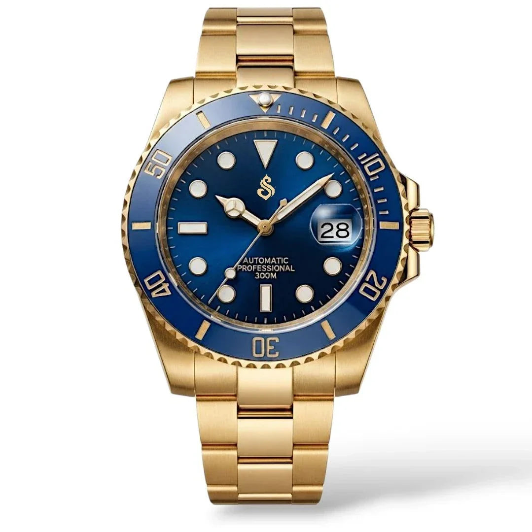 Seiko Submariner Bluesy Gold Series luxury Mod watch with NH35 automatic movement and sapphire crystal by modtime creations
