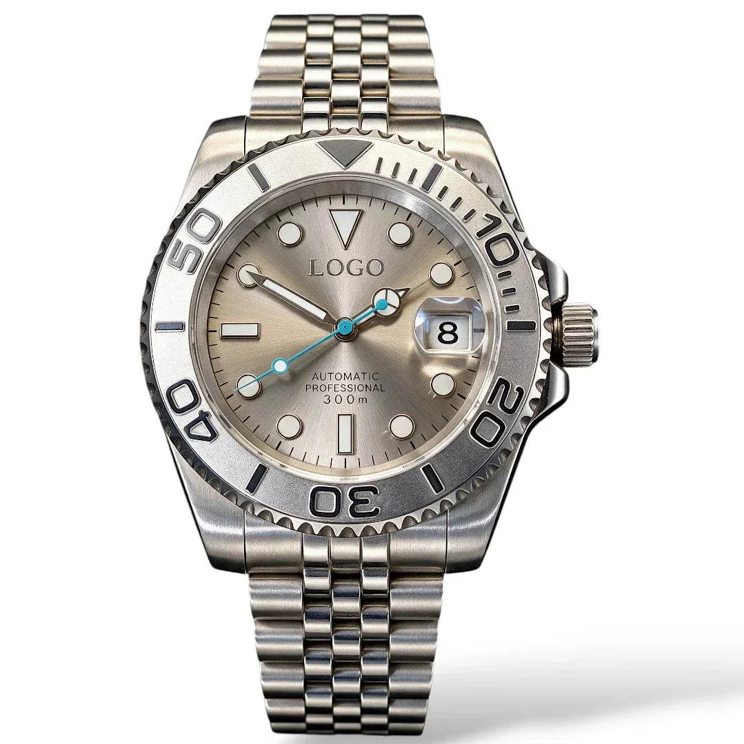 Modded Seiko Yachtmaster Rhodium luxury diver watch with sapphire crystal and stainless steel case