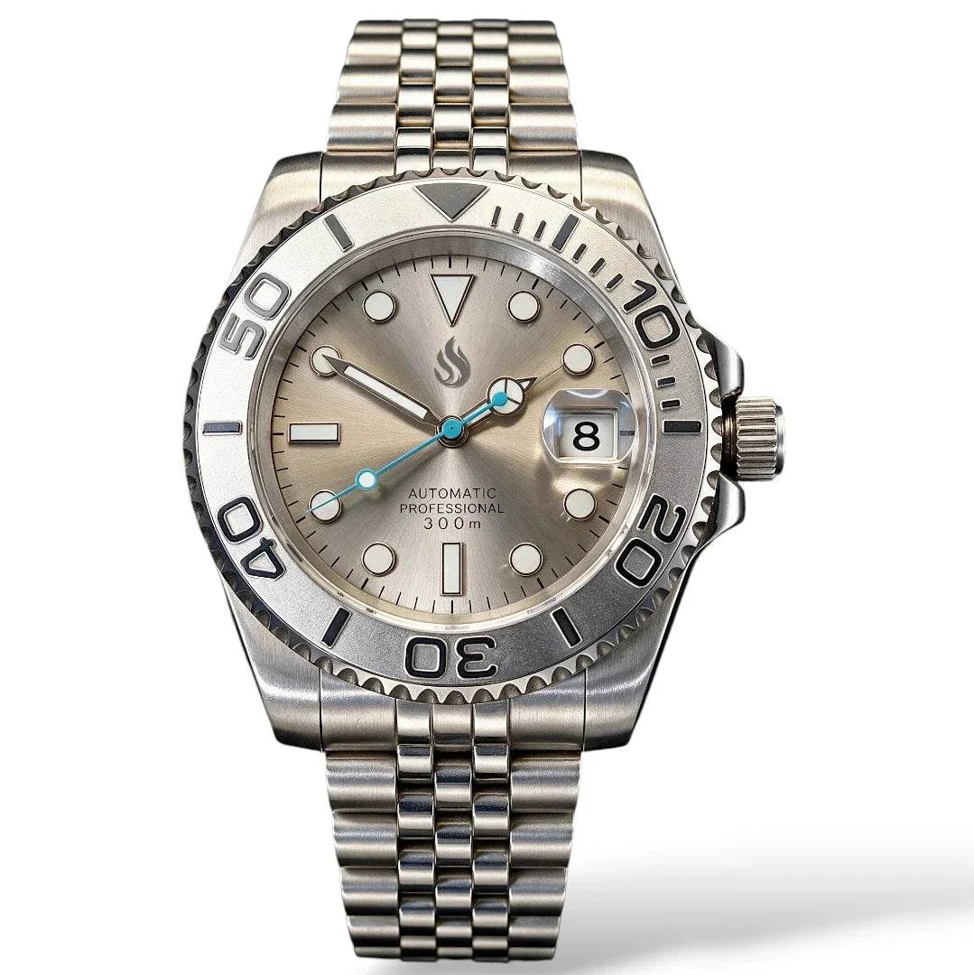 Modded Seiko Yachtmaster Rhodium luxury diver watch with sapphire crystal and stainless steel case