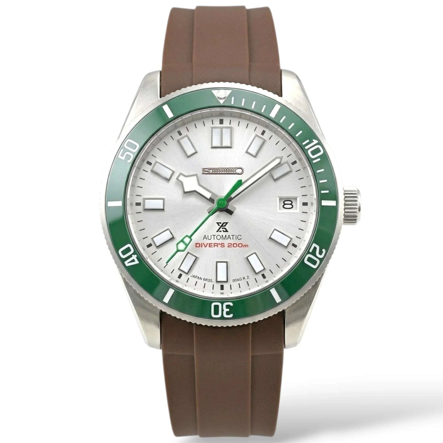 Seiko Mod Submariner Tudor Pelagos Fusion green white diver watch with NH35 automatic movement by Modtime Creations 