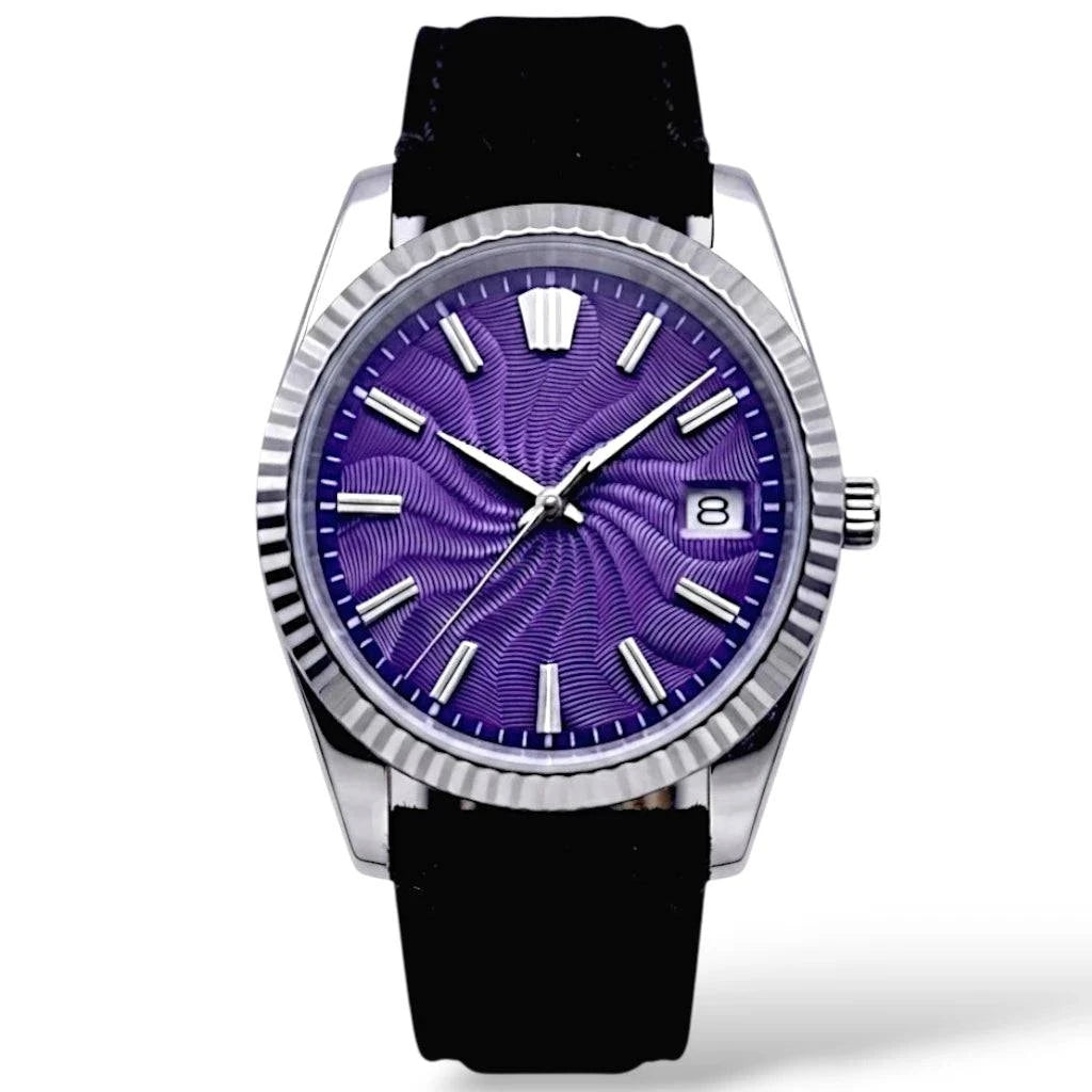 Seiko Mod Datejust silver stainless steel wristwatch with a Guilloche purple dial, silver-tone hour markers and hands, and a fluted bezel, shown on a white background by Modtime Creations 