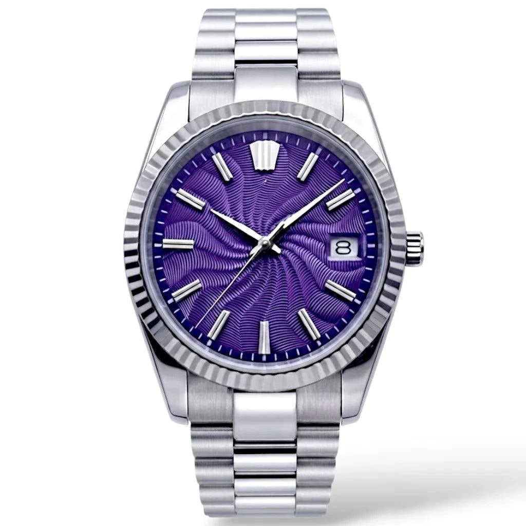 Seiko Mod Datejust silver stainless steel wristwatch with a Guilloche purple dial, silver-tone hour markers and hands, and a fluted bezel, shown on a white background by Modtime Creations 