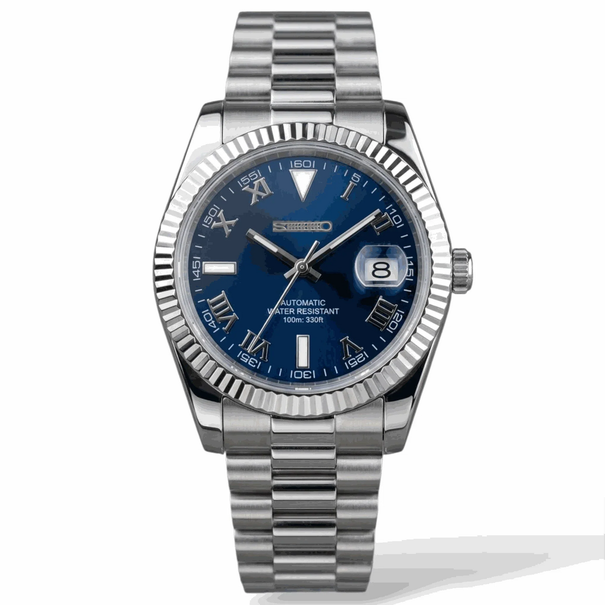 Seiko Mod Datejust blue roman numerals dial with silver case built by Modtime Creations