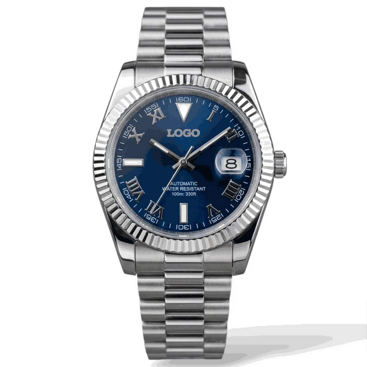 Seiko Mod Datejust blue roman numerals dial with silver case built by Modtime Creations