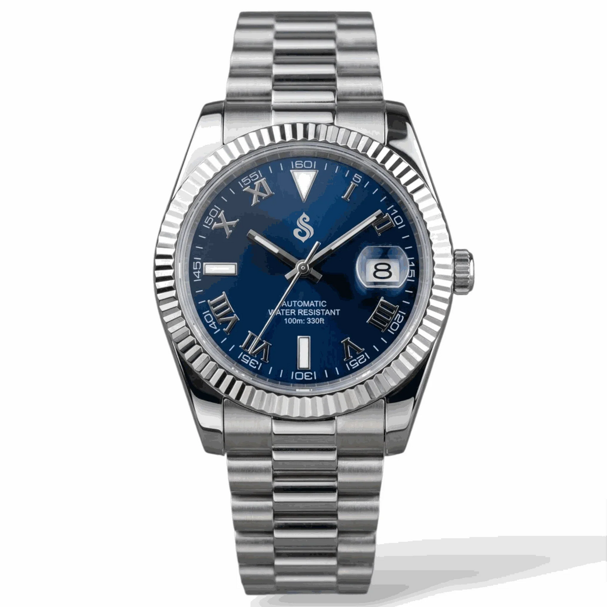 Seiko Mod Datejust blue roman numerals dial with silver case built by Modtime Creations