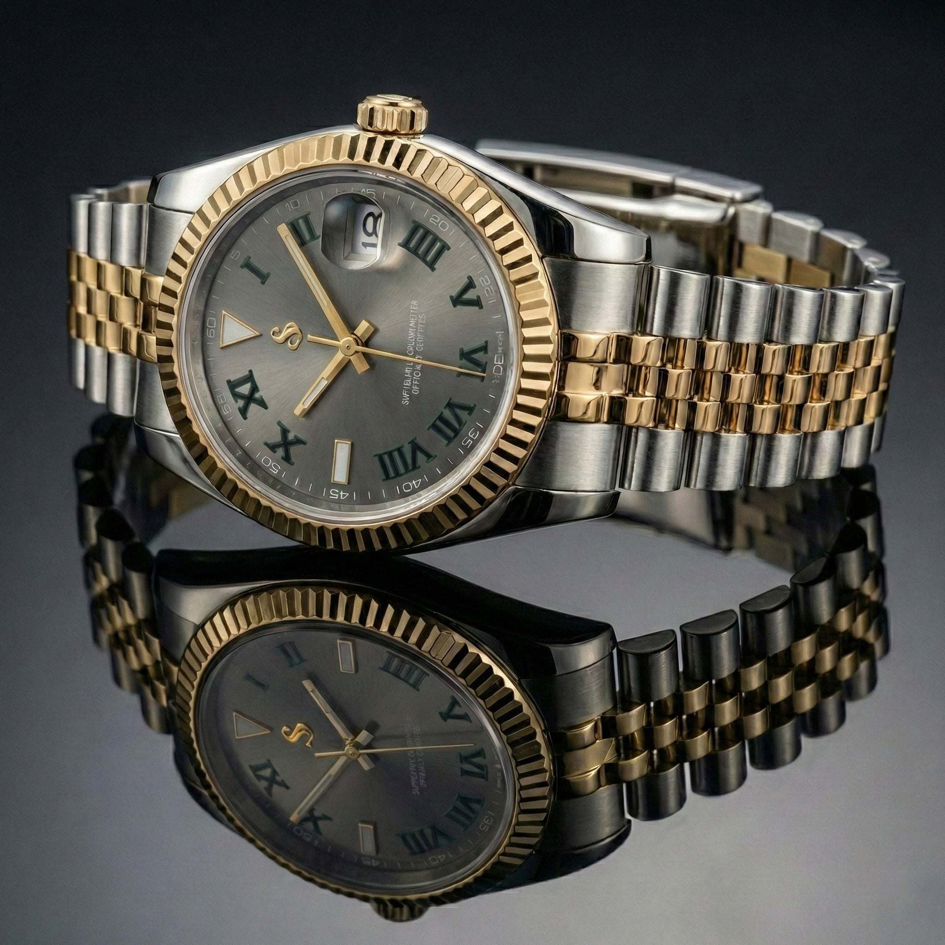 Seiko Mod Datejust gold two-tone watch by Modtime with NH35 automatic movement and sapphire crystal