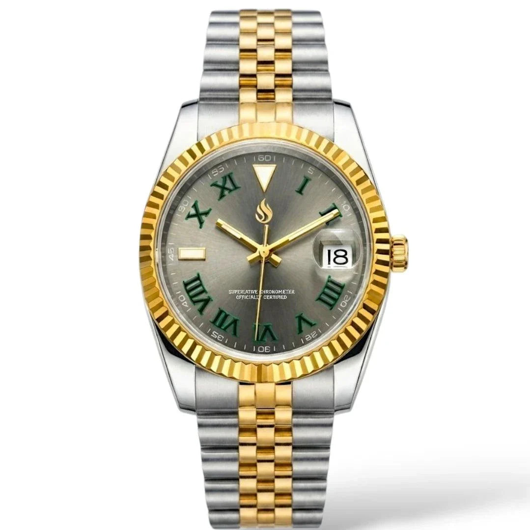 Seiko Mod Datejust gold two-tone watch by Modtime with NH35 automatic movement and sapphire crystal
