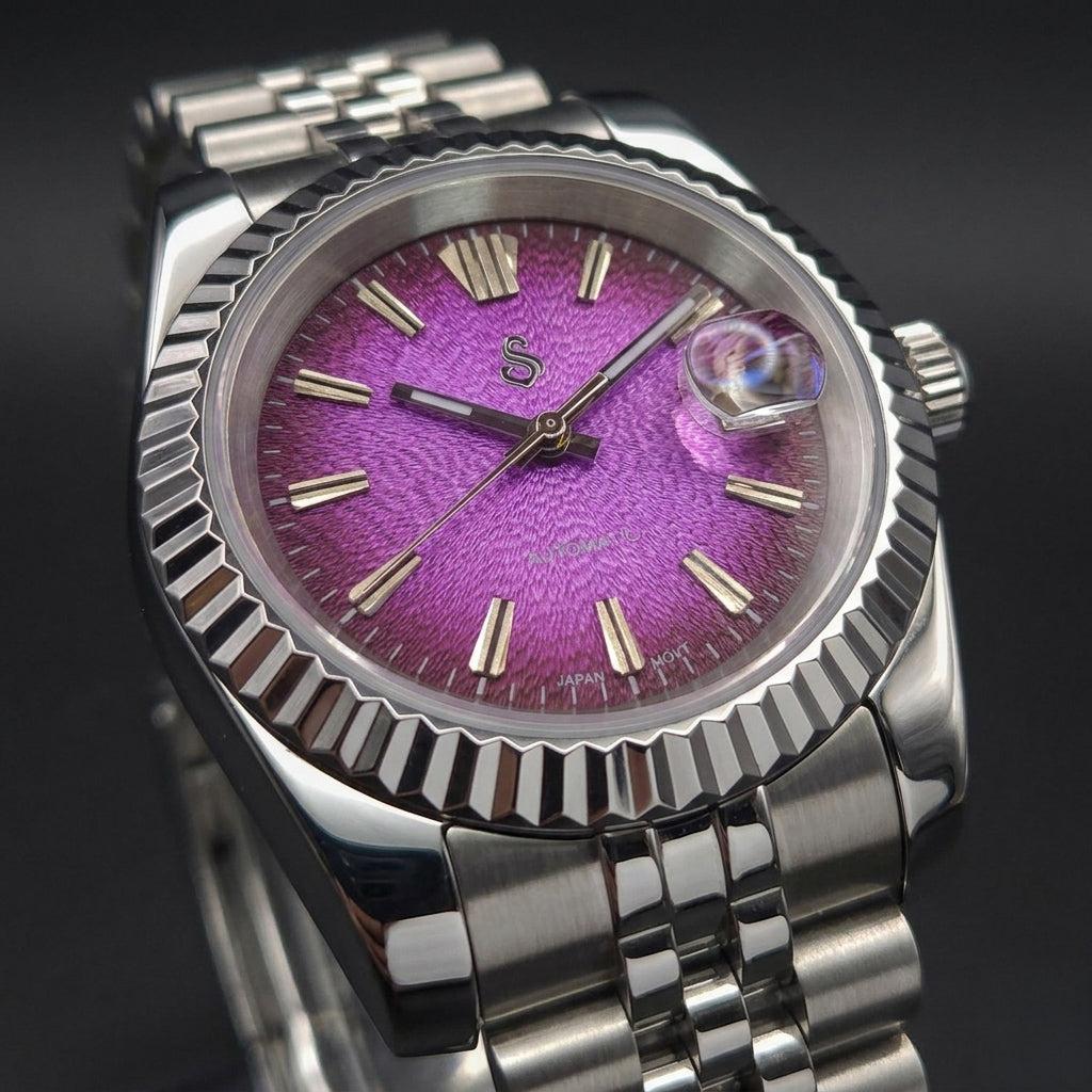 Seiko Mod Datejust watch with textured grand purple dial and stainless steel case by Modtime Creations