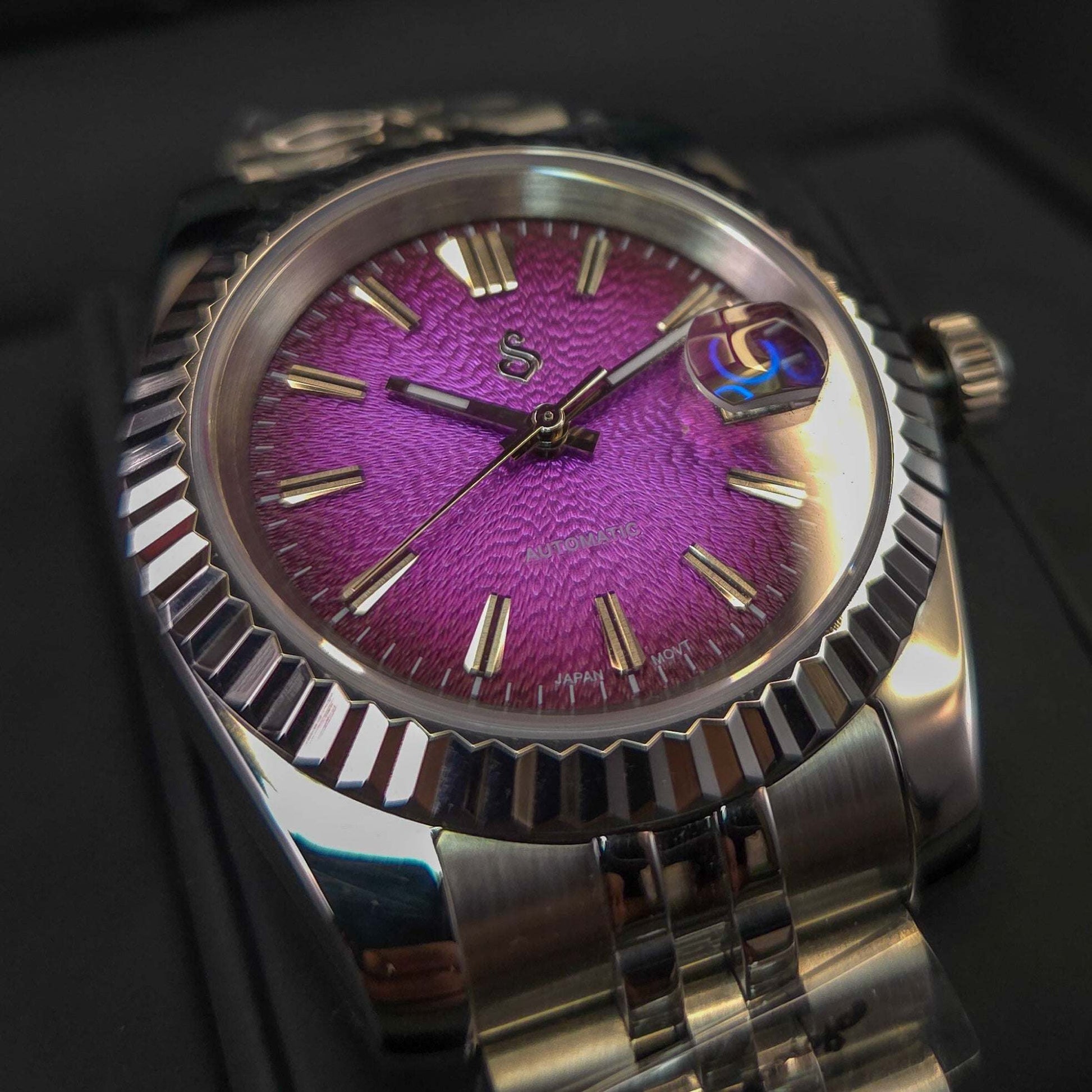 Seiko Mod Datejust watch with textured grand purple dial and stainless steel case by Modtime Creations