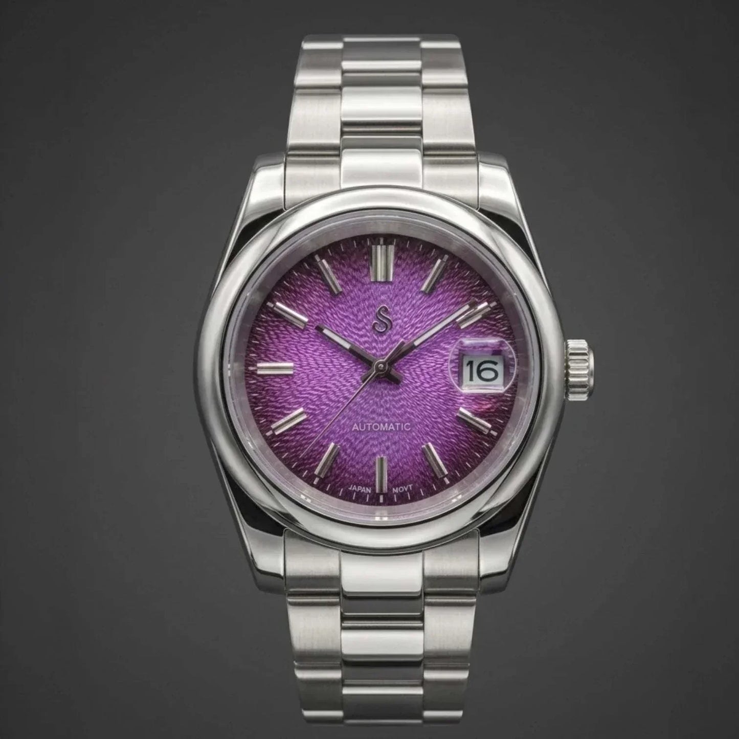 Seiko Mod Datejust watch with textured grand purple dial and stainless steel case by Modtime Creations