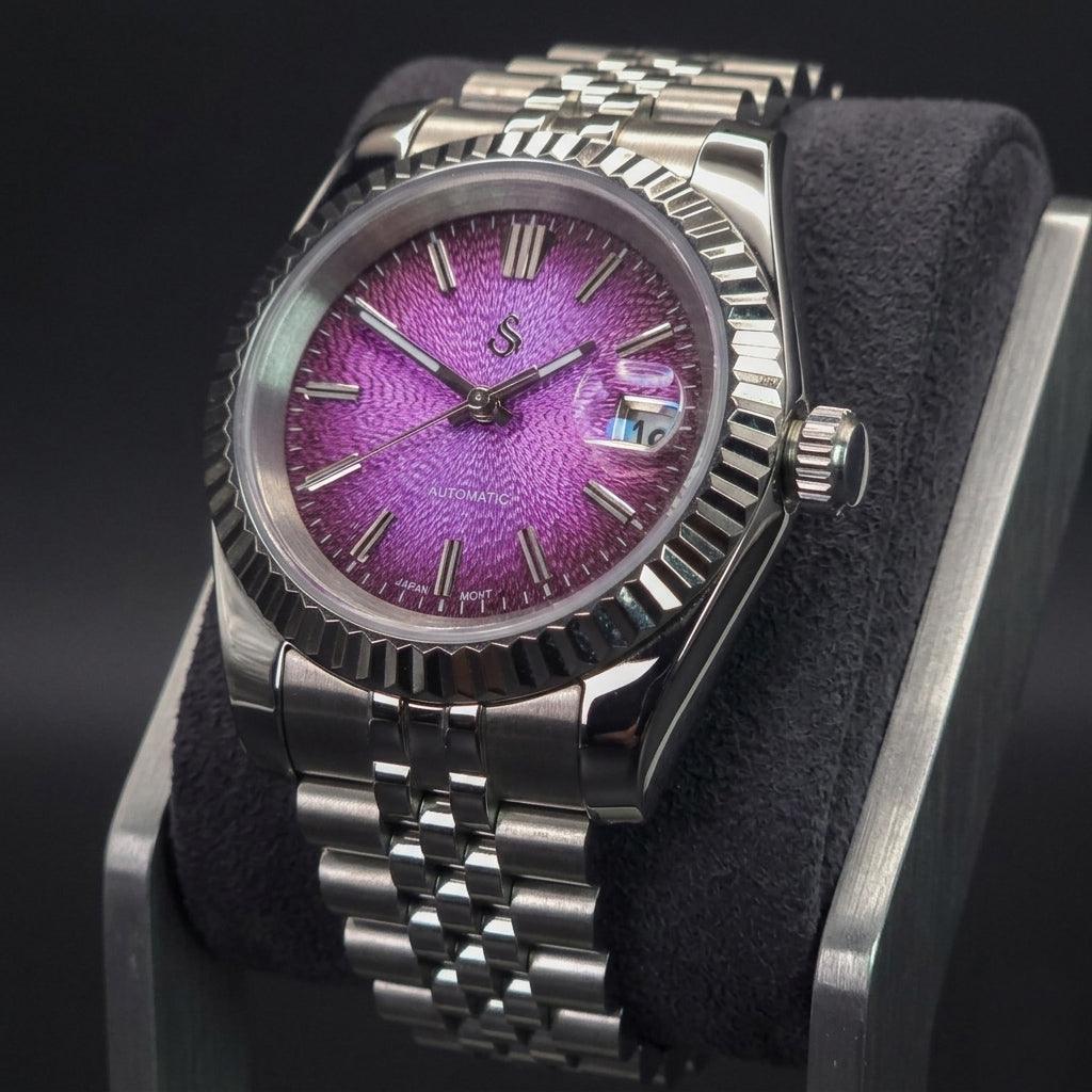 Seiko Mod Datejust watch with textured grand purple dial and stainless steel case by Modtime Creations