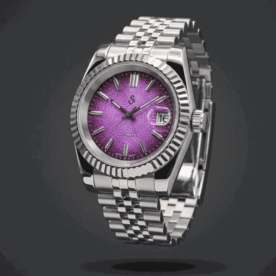 Seiko mod watch with textured grand purple dial and date window by Modtime Creations