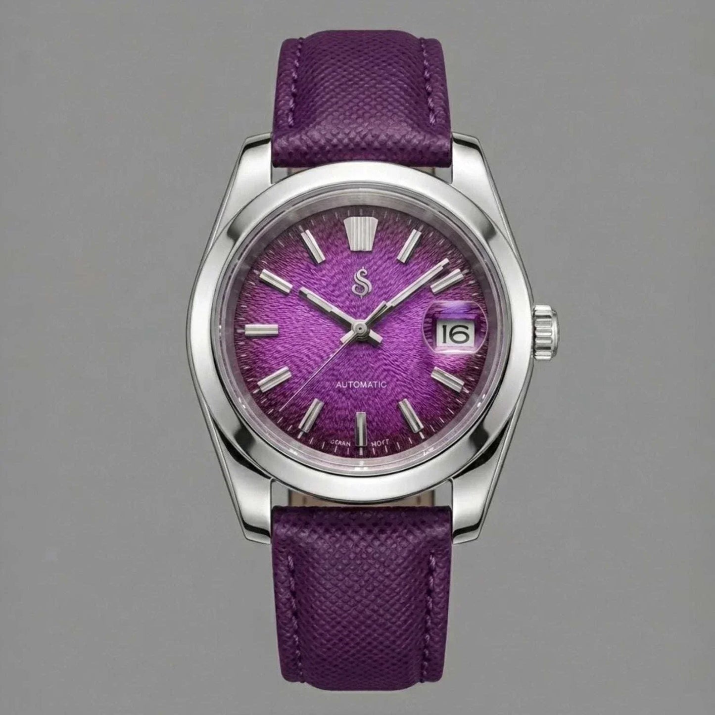 Seiko Mod Datejust watch with textured grand purple dial and stainless steel case by Modtime Creations