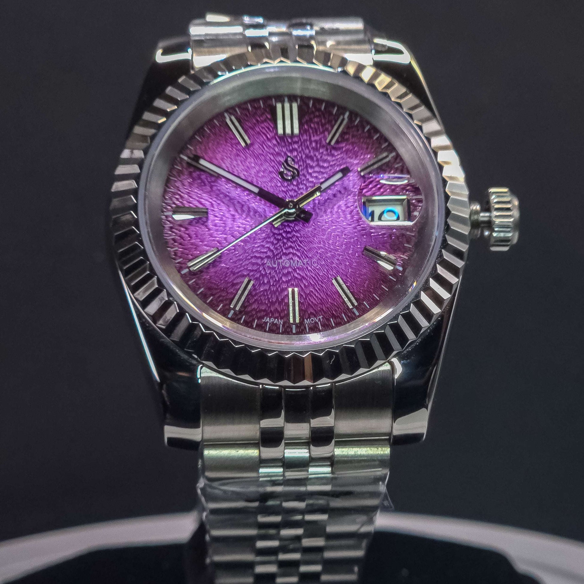 Seiko Mod Datejust watch with textured grand purple dial and stainless steel case by Modtime Creations