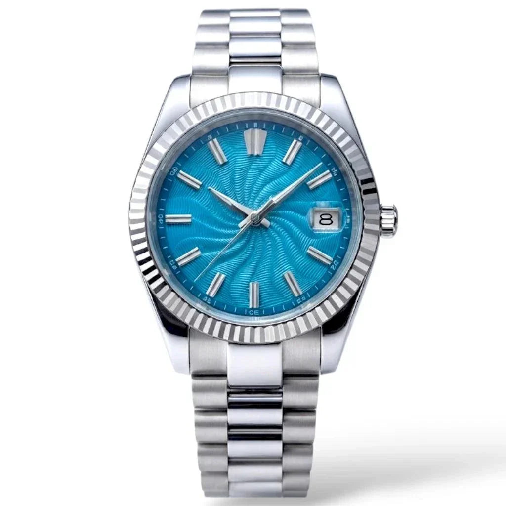 Seiko Mod Datejust stainless steel watch with a Tiffany Blue Guilloche dial, silver-tone fluted bezel, and matching steel link bracelet on a white background by Modtime Creations 