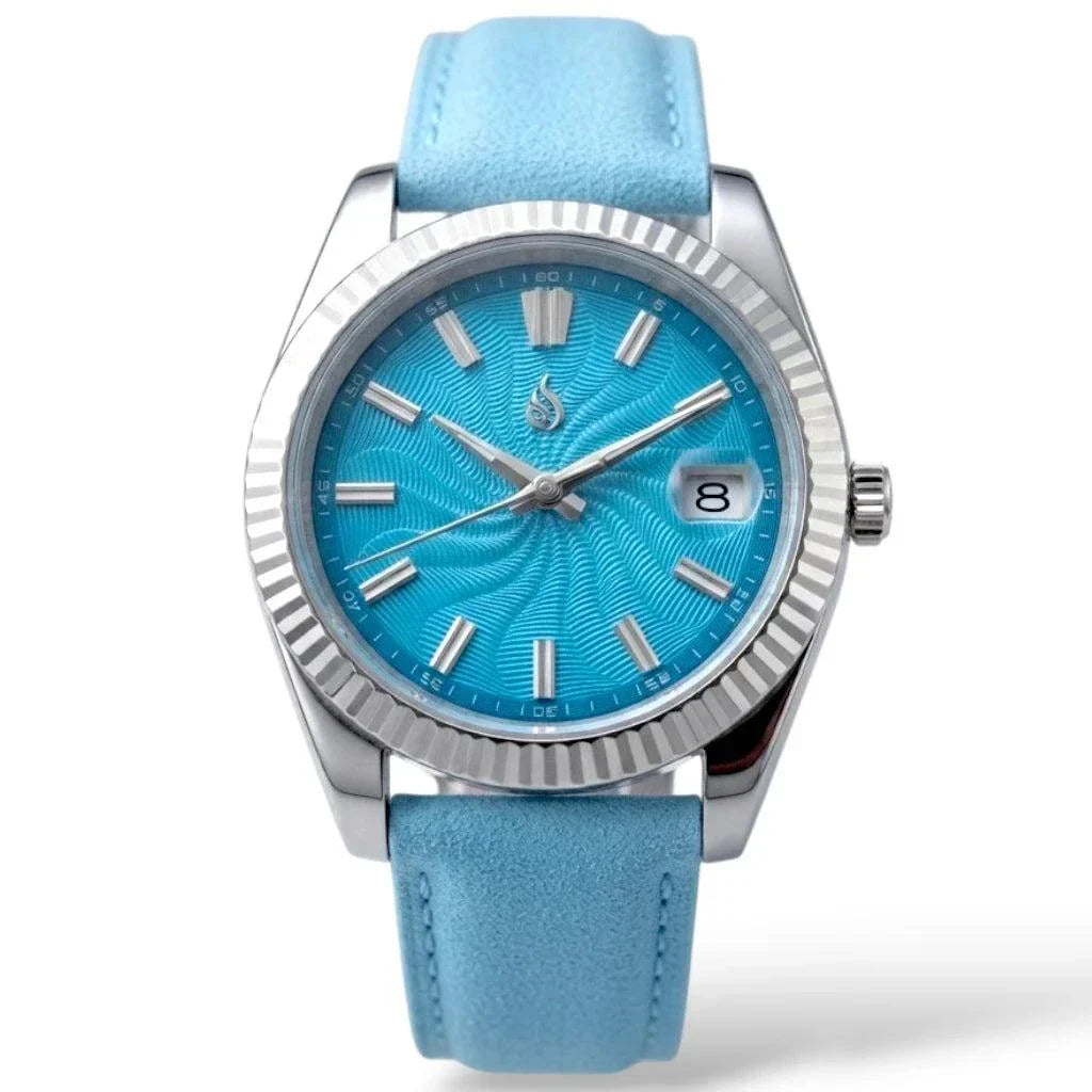 Seiko Mod Datejust stainless steel watch with a Tiffany Blue Guilloche dial, silver-tone fluted bezel, and matching steel link bracelet on a white background by Modtime Creations 