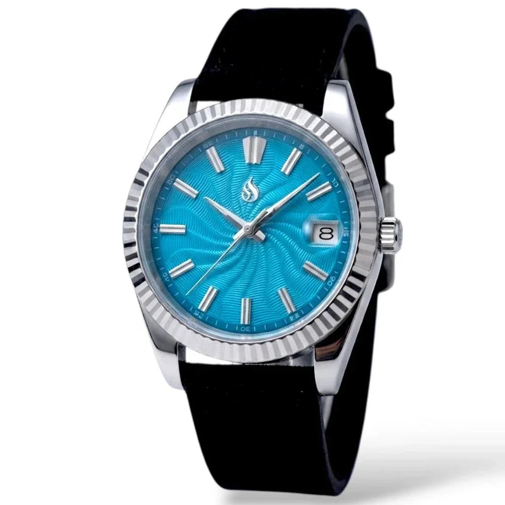 Seiko Mod Datejust stainless steel watch with a Tiffany Blue Guilloche dial, silver-tone fluted bezel, and matching steel link bracelet on a white background by Modtime Creations 
