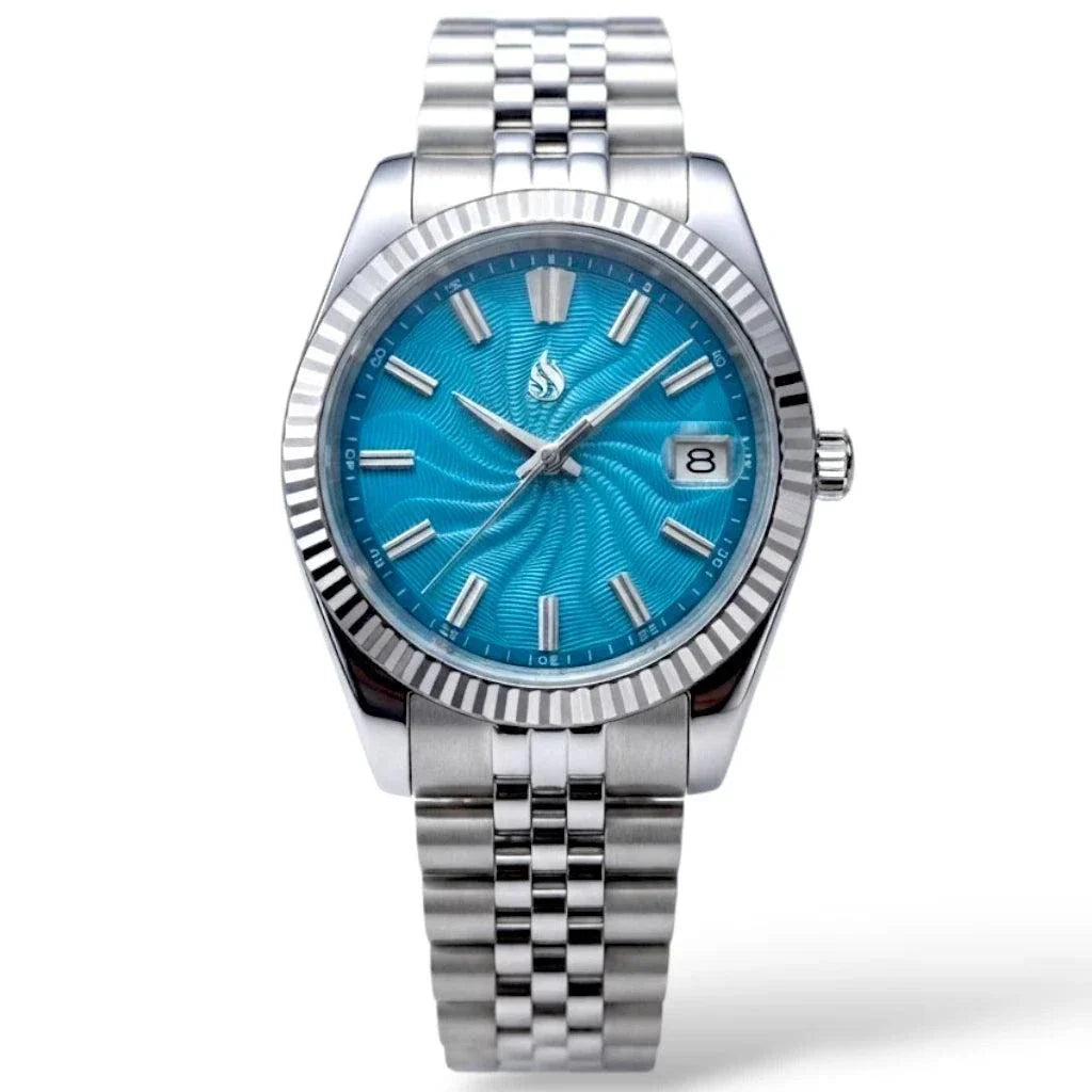 Seiko Mod Datejust stainless steel watch with a Tiffany Blue Guilloche dial, silver-tone fluted bezel, and matching steel link bracelet on a white background by Modtime Creations 