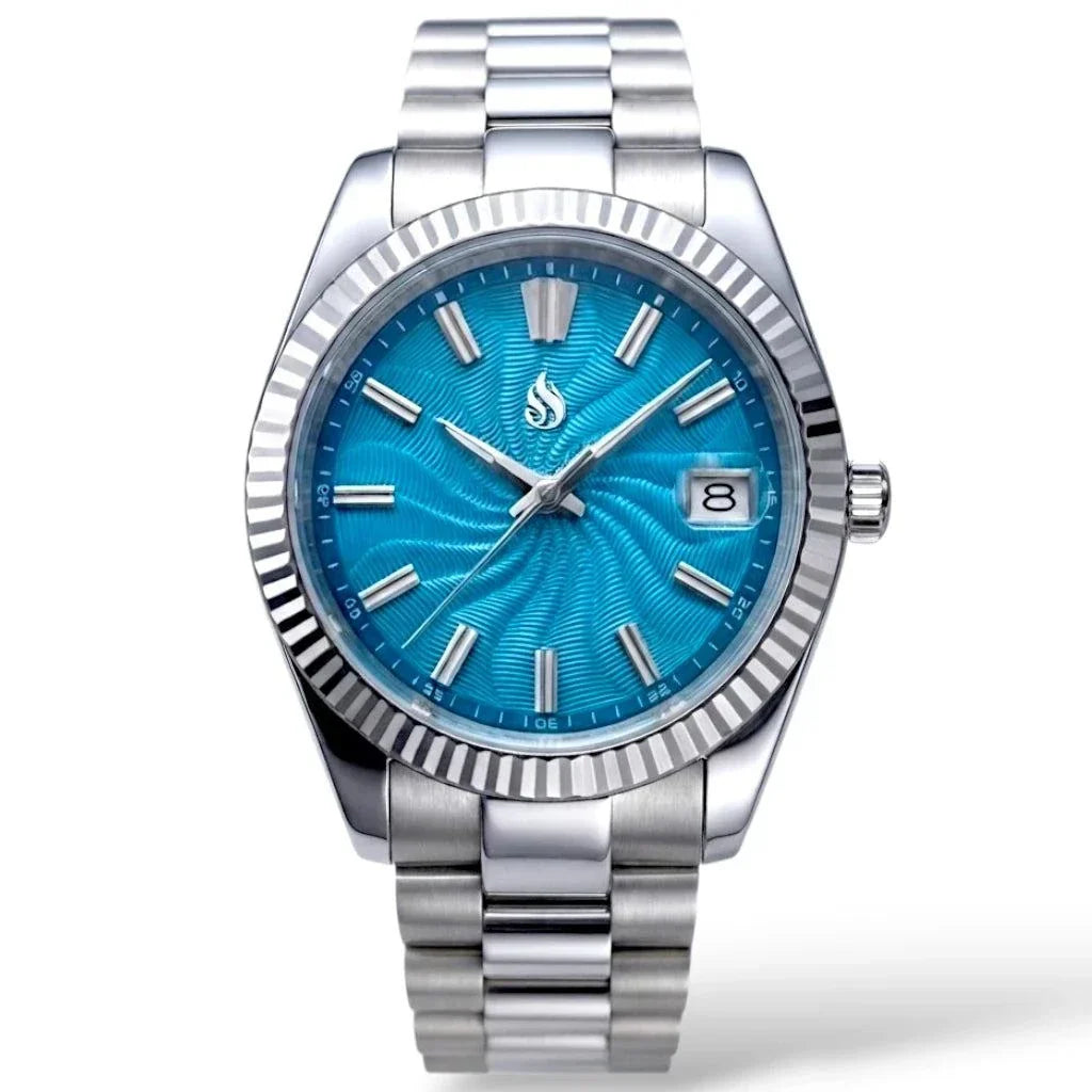Seiko Mod Datejust stainless steel watch with a Tiffany Blue Guilloche dial, silver-tone fluted bezel, and matching steel link bracelet on a white background by Modtime Creations 