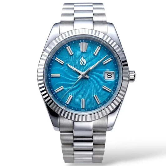 Seiko Mod Datejust stainless steel watch with a Tiffany Blue Guilloche dial, silver-tone fluted bezel, and matching steel link bracelet on a white background by Modtime Creations 