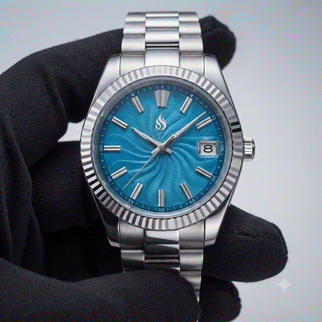 Seiko Mod Datejust stainless steel watch with a Tiffany Blue Guilloche dial, silver-tone fluted bezel, and matching steel link bracelet on a white background by Modtime Creations 