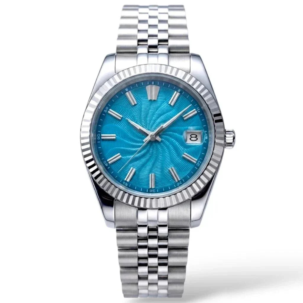 Seiko Mod Datejust stainless steel watch with a Tiffany Blue Guilloche dial, silver-tone fluted bezel, and matching steel link bracelet on a white background by Modtime Creations 