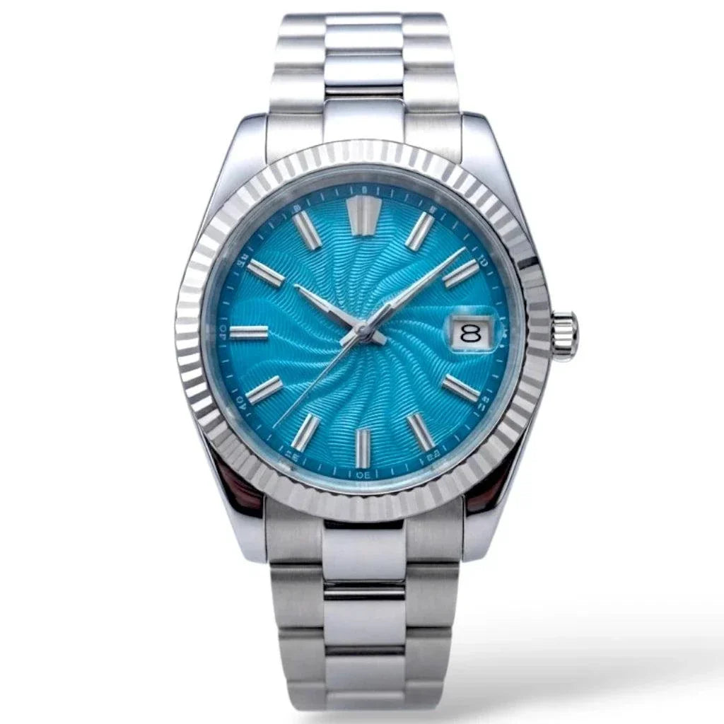 Seiko Mod Datejust stainless steel watch with a Tiffany Blue Guilloche dial, silver-tone fluted bezel, and matching steel link bracelet on a white background by Modtime Creations 