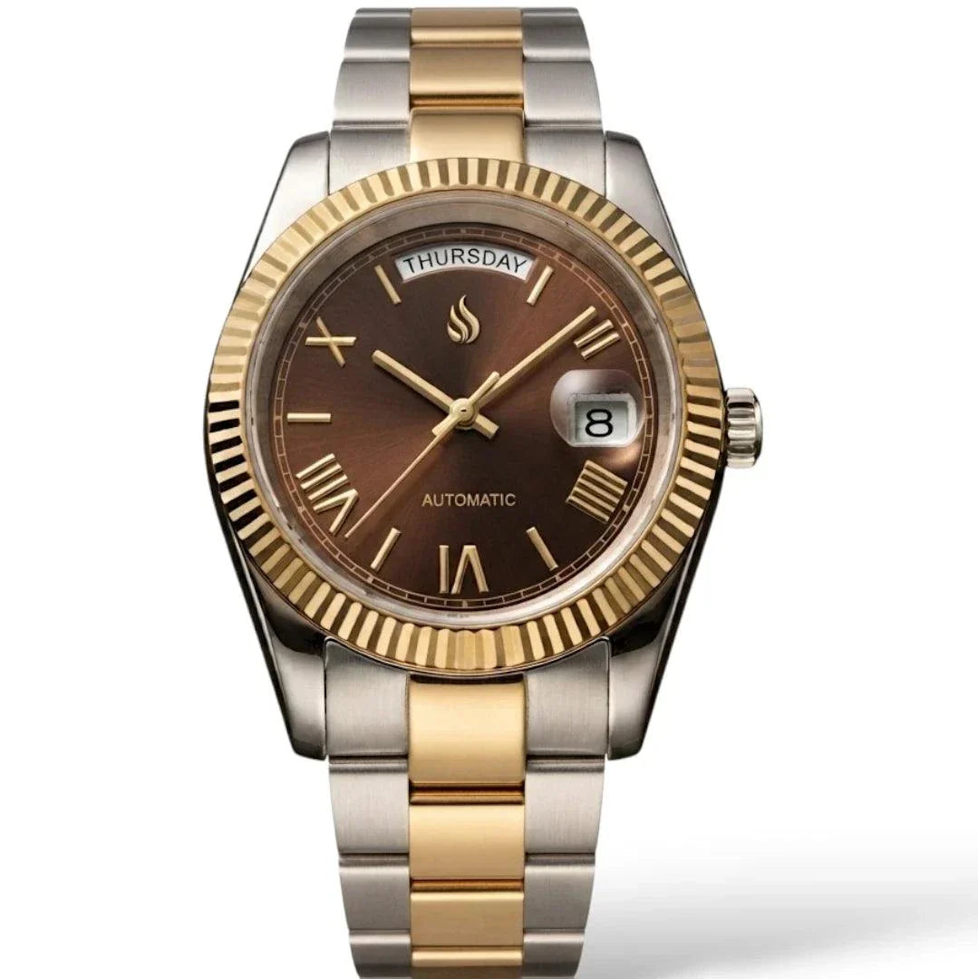Seiko Mod DayDate watch with gold chocolate Roman numerals dial by Modtime Creations