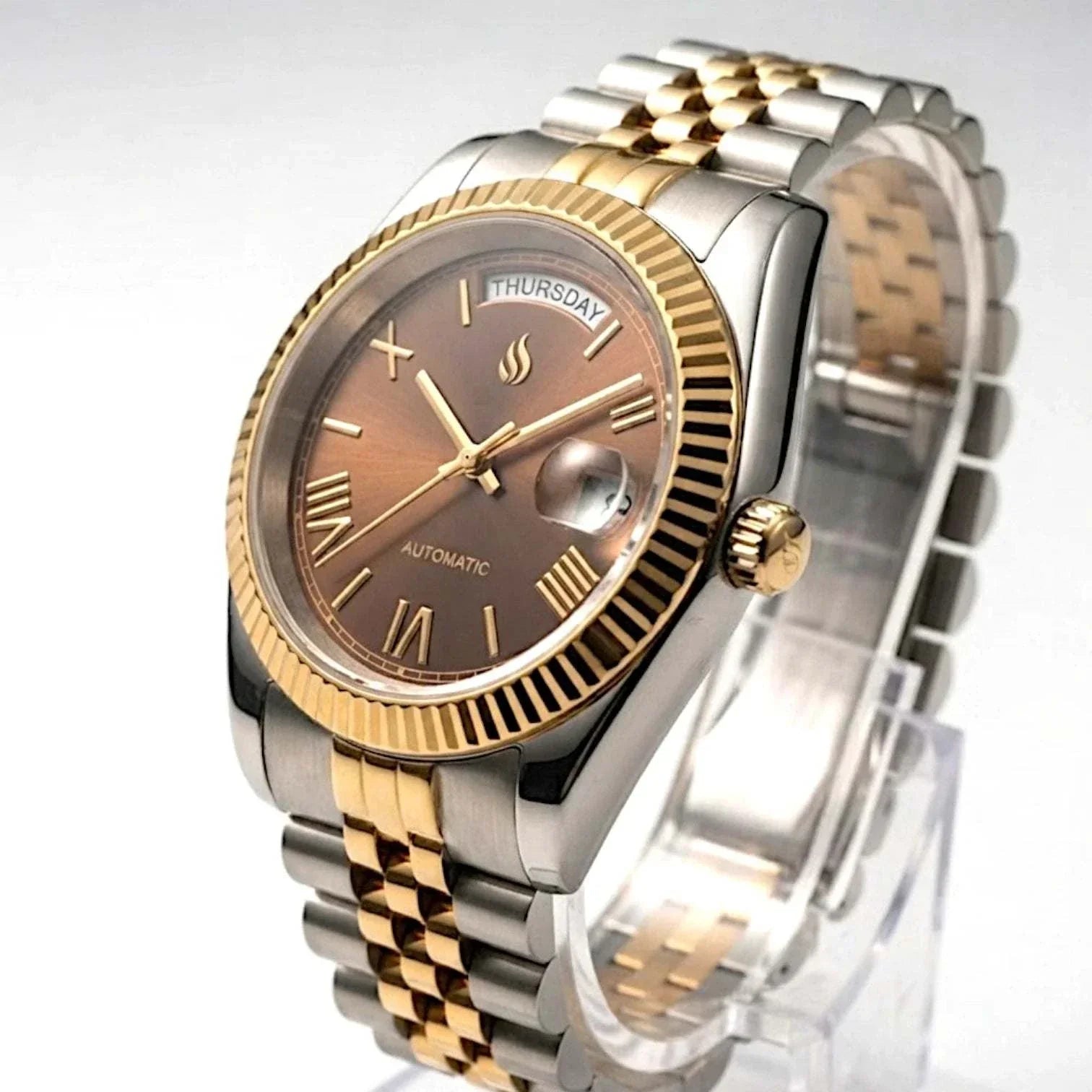 Seiko Mod DayDate watch with gold chocolate Roman numerals dial by Modtime Creations